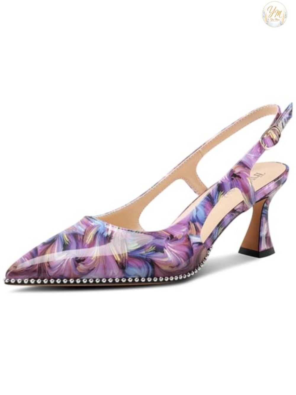Women's Kitten Heel Pointed Toe Pumps Beaded Slingback Buckle Patent Leather